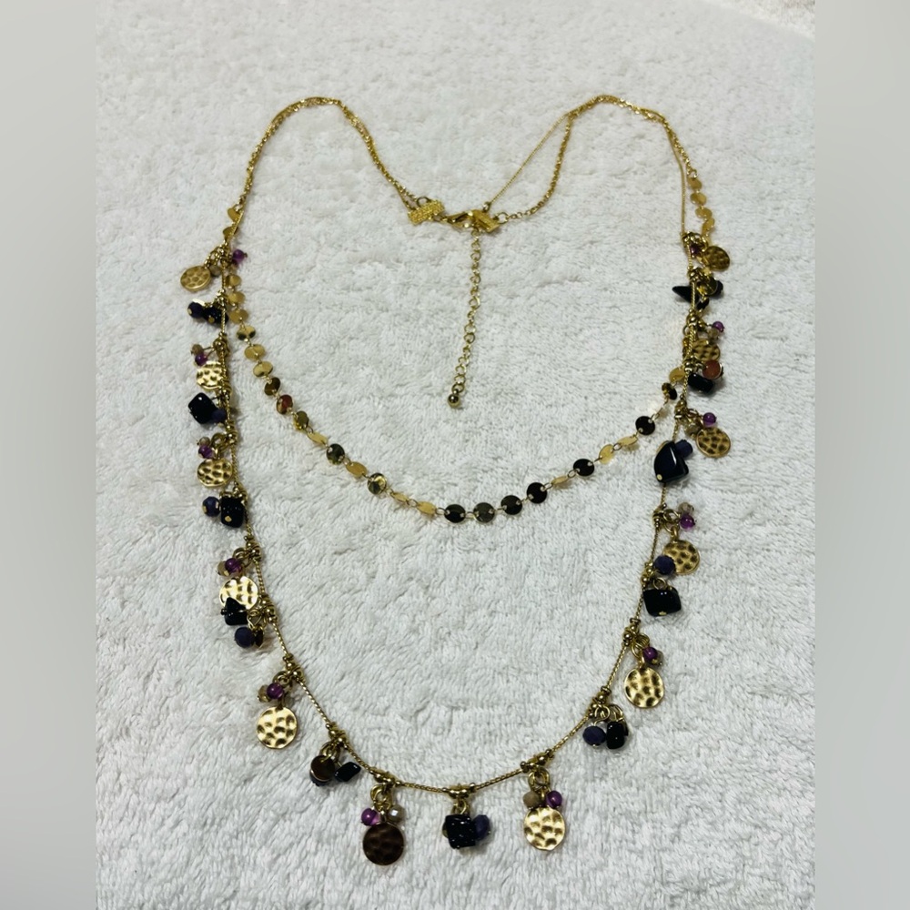 Gold-Tone Layered Charm Necklace 28” & 34” Beaded Multi-Charm Dangle Boho